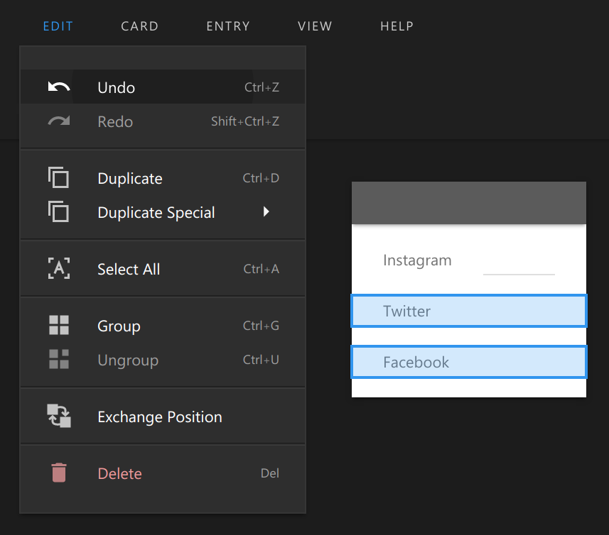 Uxtly UI States Showing Edit Menu and Multi-selection of Entries